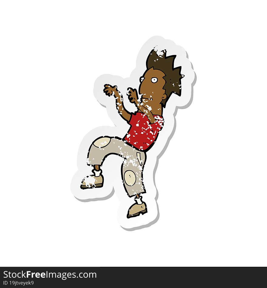 retro distressed sticker of a cartoon happy man doing funny dance