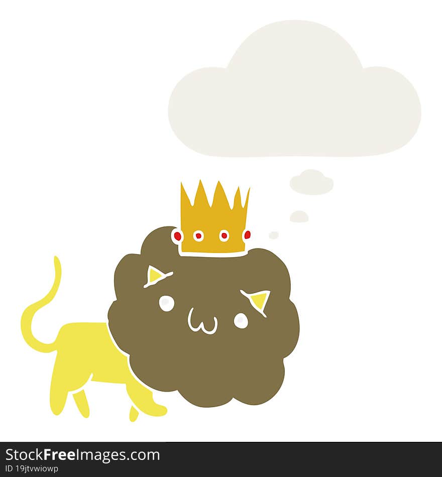 Cartoon Lion With Crown And Thought Bubble In Retro Style