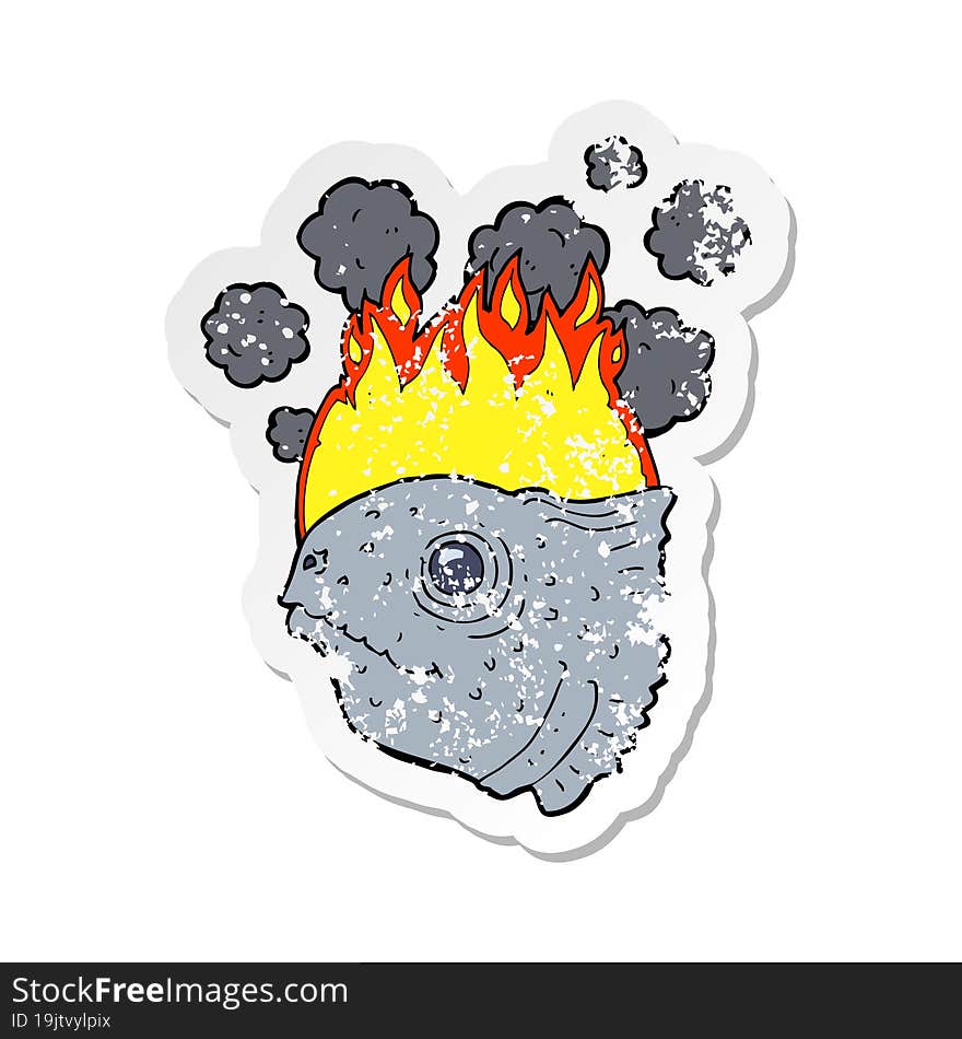 retro distressed sticker of a cartoon burning fish head