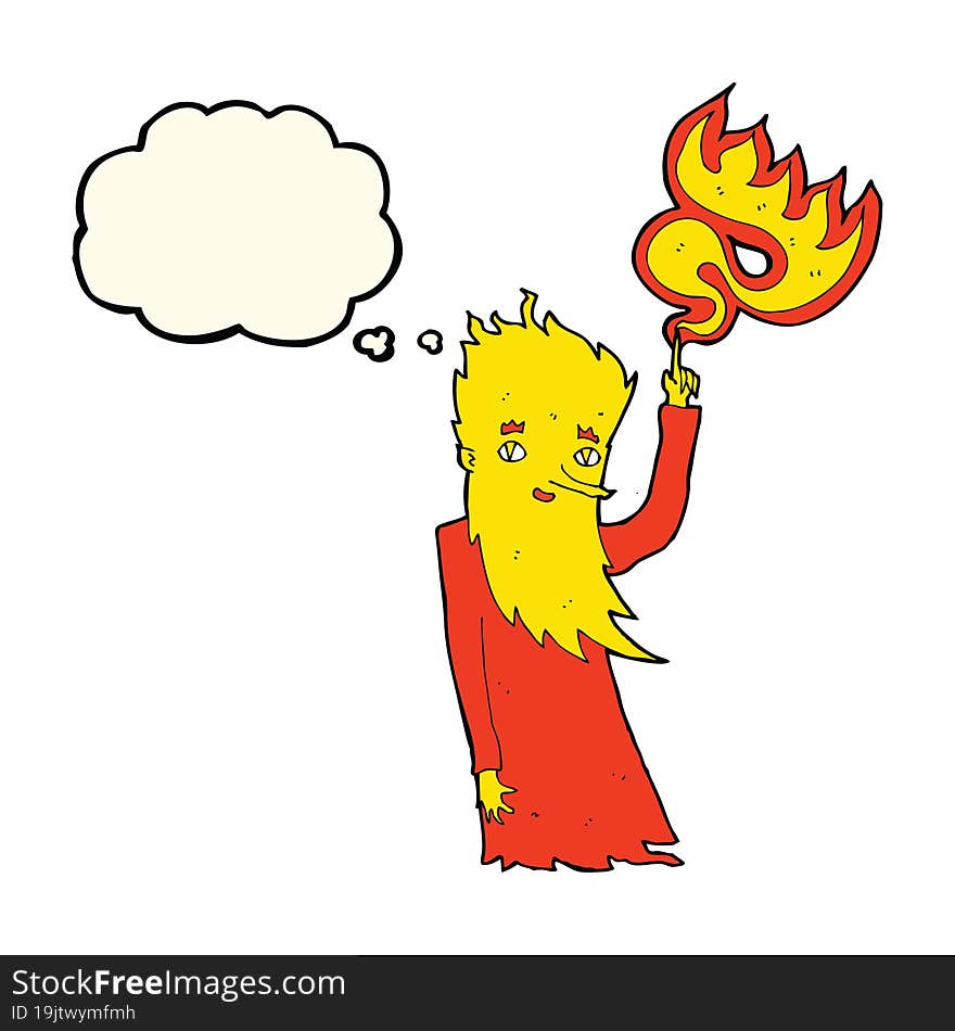 cartoon fire spirit with thought bubble