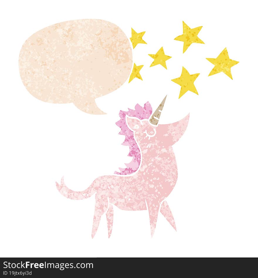 cartoon unicorn and speech bubble in retro textured style