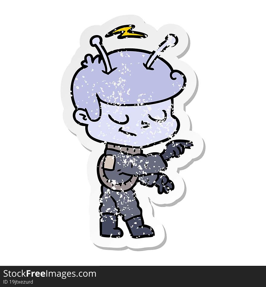 distressed sticker of a friendly cartoon spaceman pointing