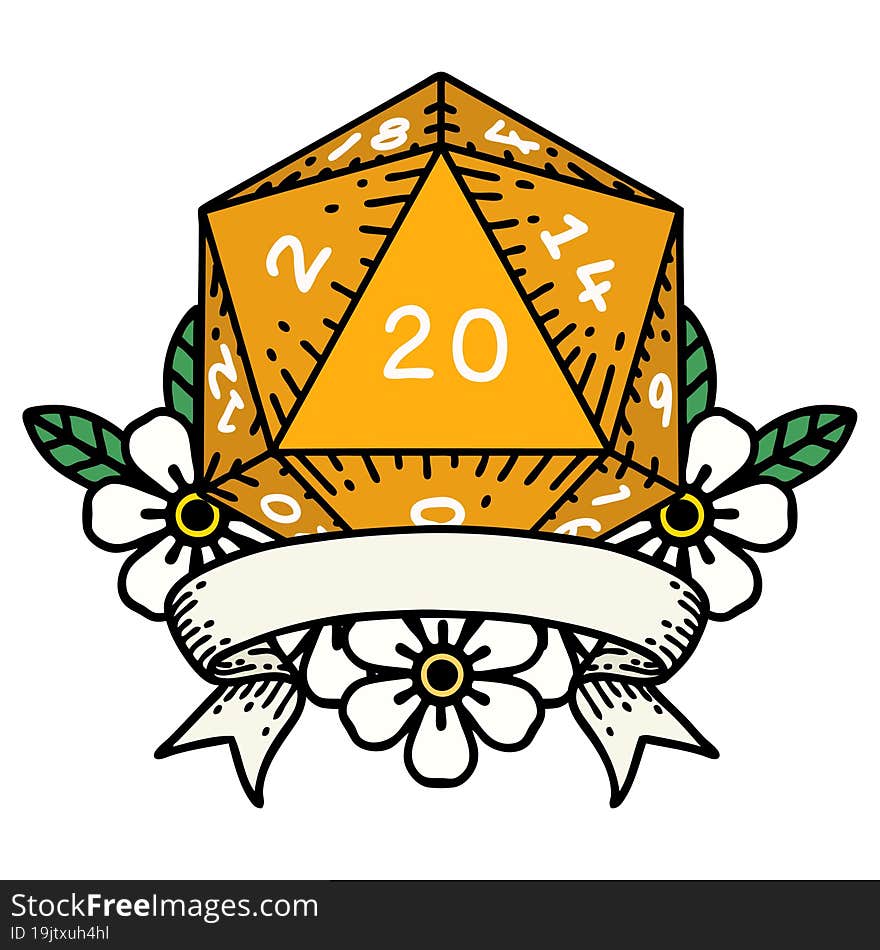 Retro Tattoo Style natural 20 critical hit D20 dice roll. Retro Tattoo Style natural 20 critical hit D20 dice roll