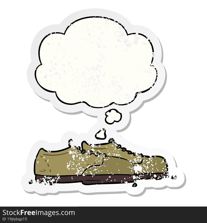 cartoon shoes and thought bubble as a distressed worn sticker