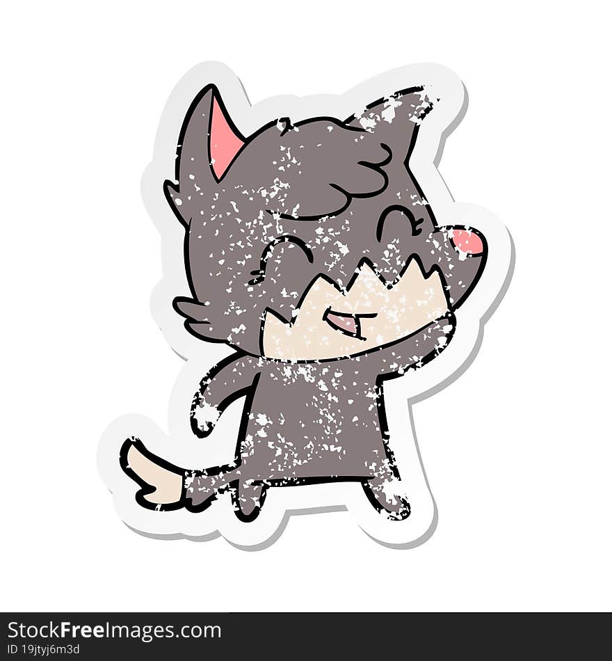 distressed sticker of a happy cartoon fox