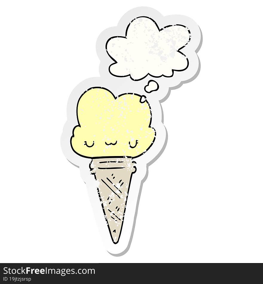 Cartoon Ice Cream With Face And Thought Bubble As A Distressed Worn Sticker