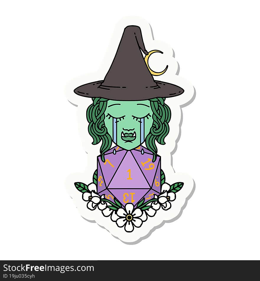 Crying Half Orc Witch With Natural One D20 Dice Roll Sticker