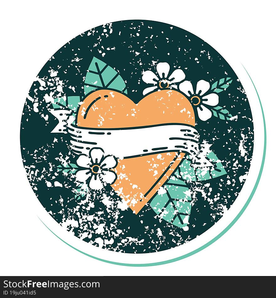 Distressed Sticker Tattoo Style Icon Of A Heart And Banner