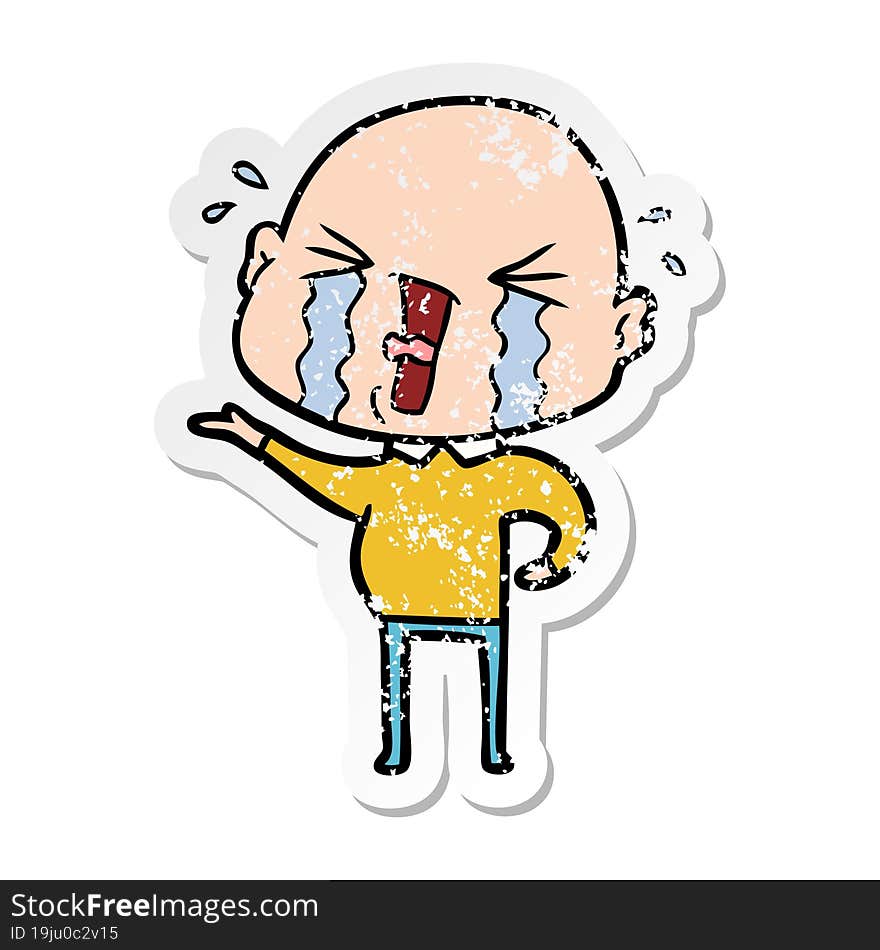 distressed sticker of a cartoon crying bald man