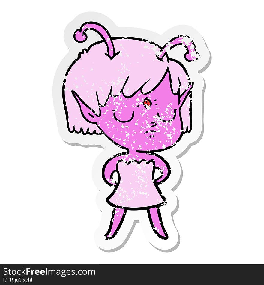 distressed sticker of a cartoon alien girl