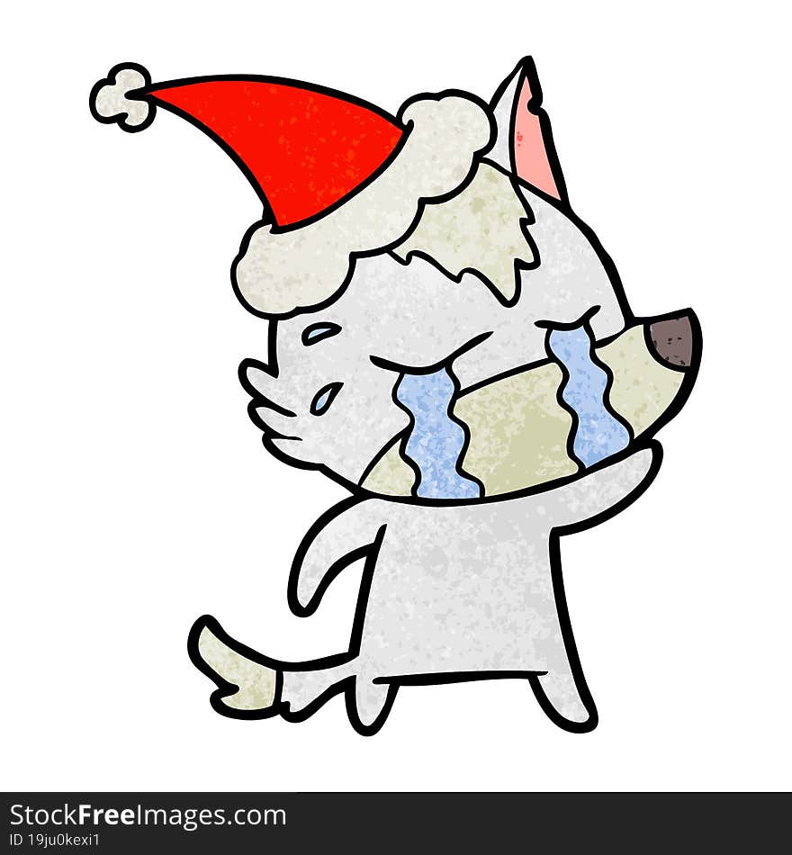 Textured Cartoon Of A Crying Wolf Wearing Santa Hat