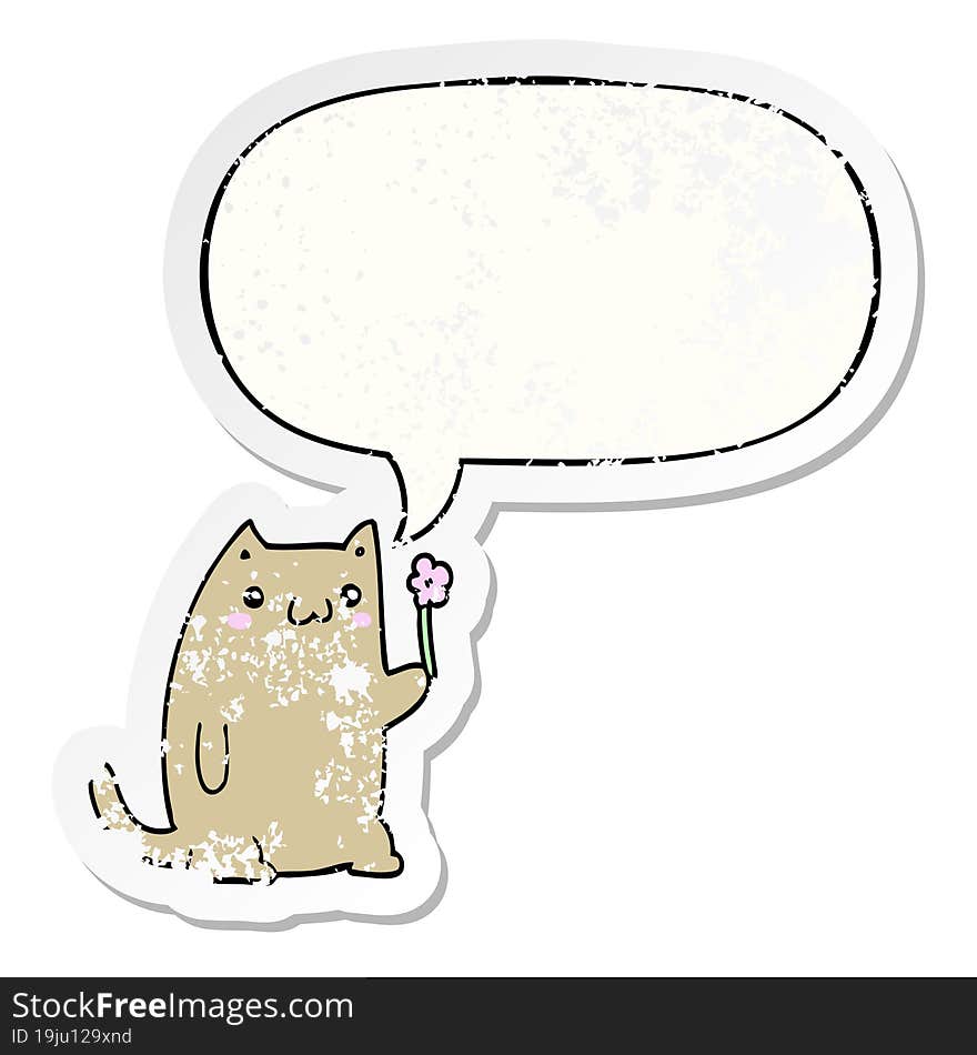 cute cartoon cat and flower and speech bubble distressed sticker