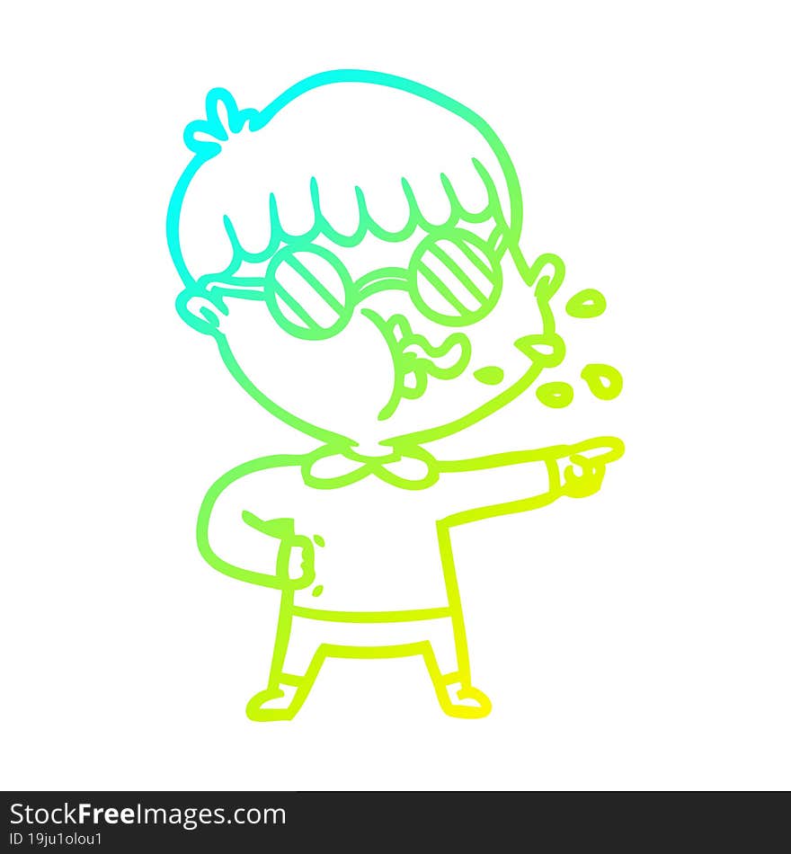 cold gradient line drawing cartoon boy wearing spectacles and pointing