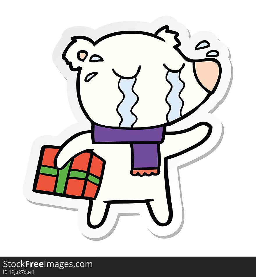 sticker of a cartoon crying christmas polar bear