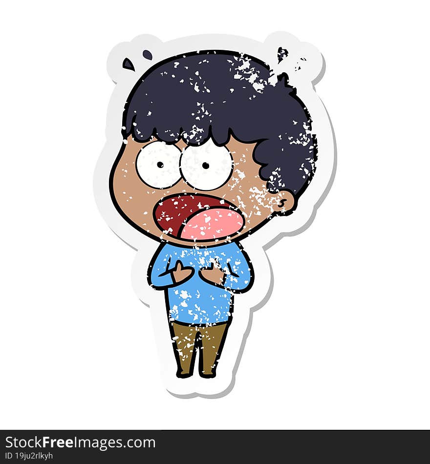 distressed sticker of a cartoon shocked man