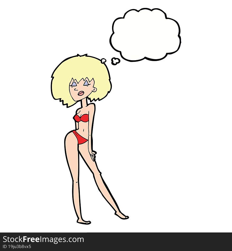 cartoon woman in bikini with thought bubble