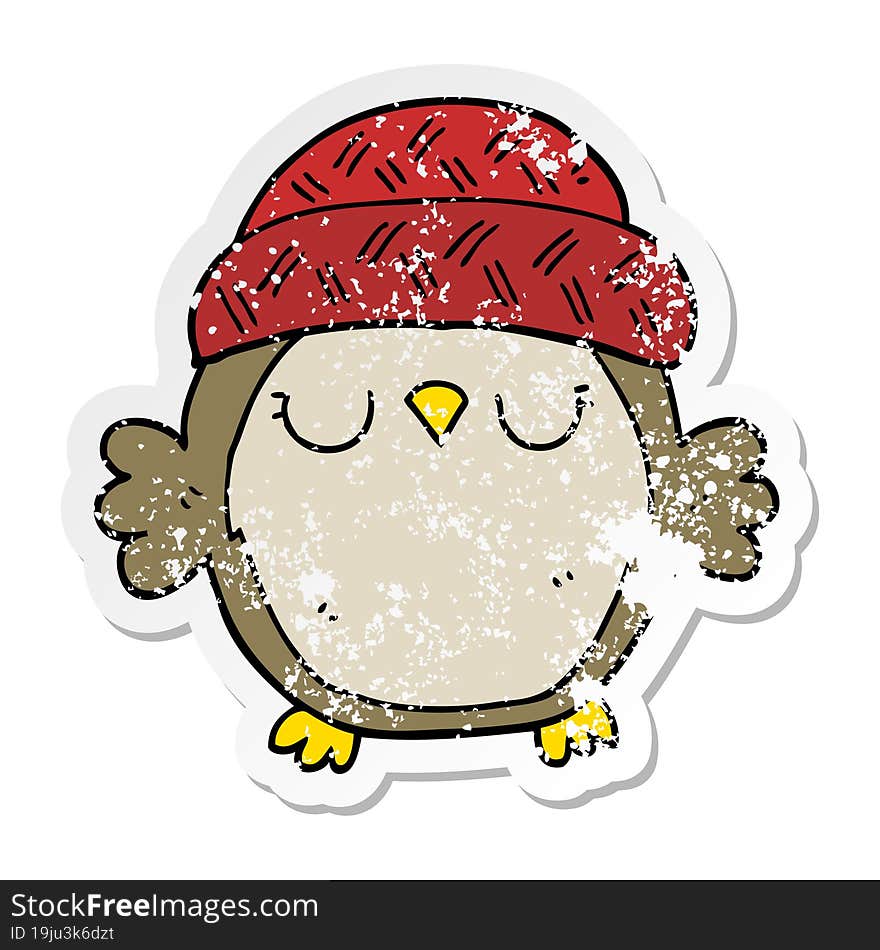 distressed sticker of a cute cartoon owl in hat