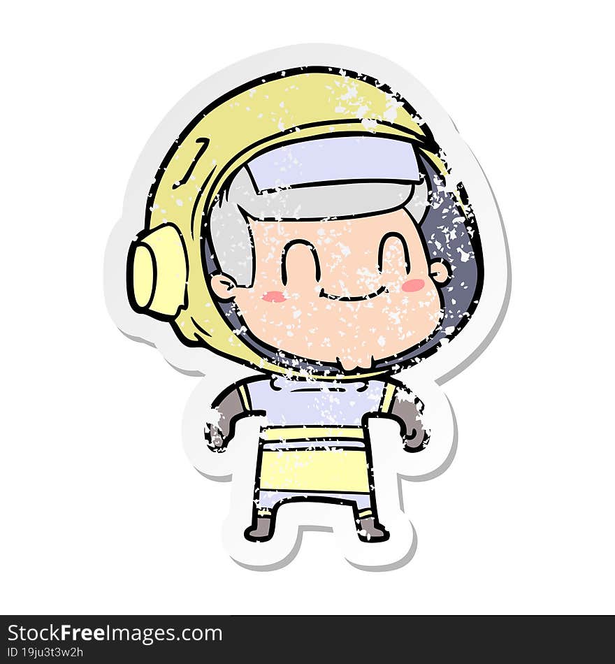 distressed sticker of a happy cartoon astronaut man