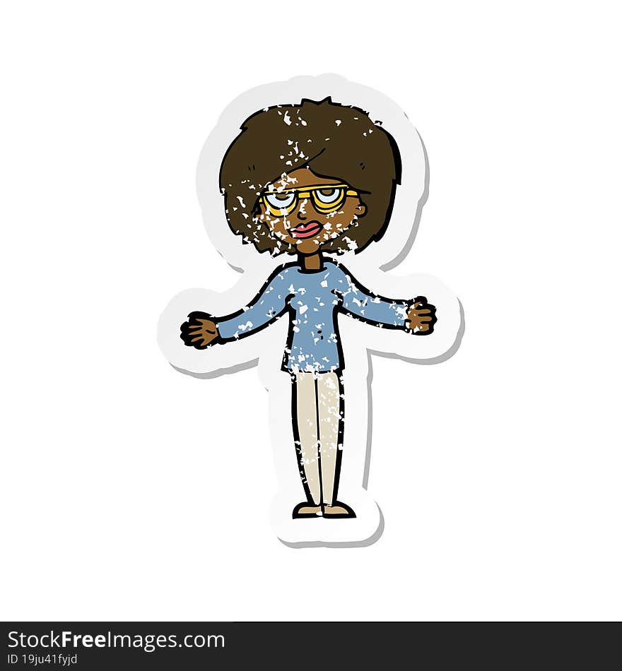 retro distressed sticker of a cartoon woman wearing spectacles