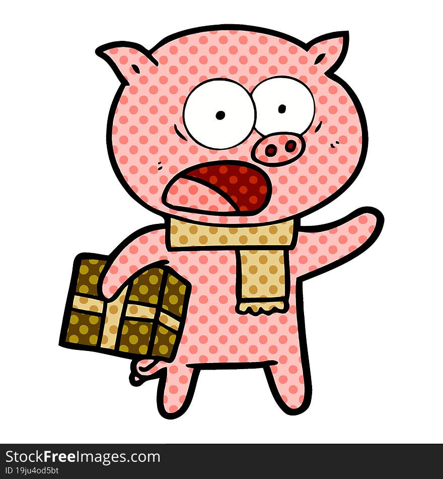 cartoon pig with christmas present. cartoon pig with christmas present