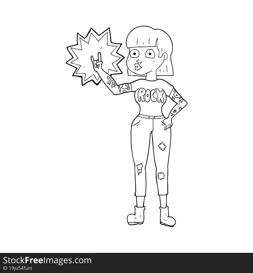 freehand drawn black and white cartoon rock girl