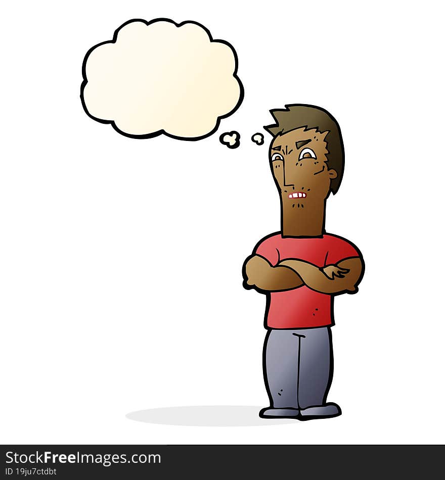 cartoon annoyed man with folded arms with thought bubble