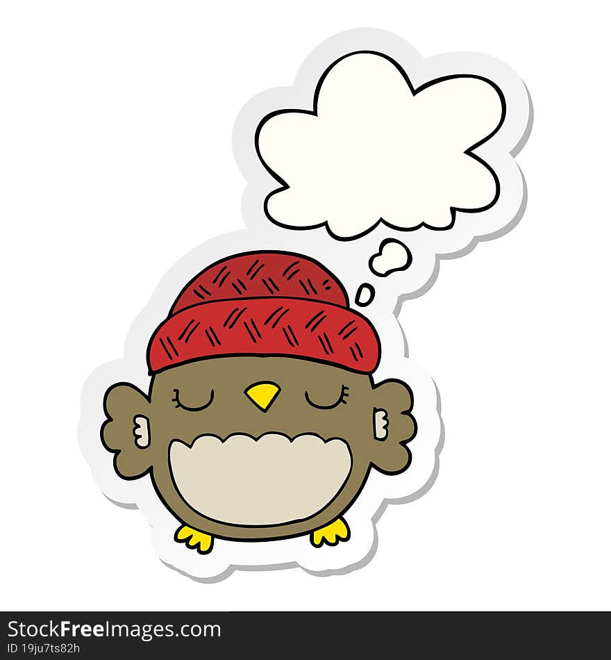 Cute Cartoon Owl In Hat And Thought Bubble As A Printed Sticker