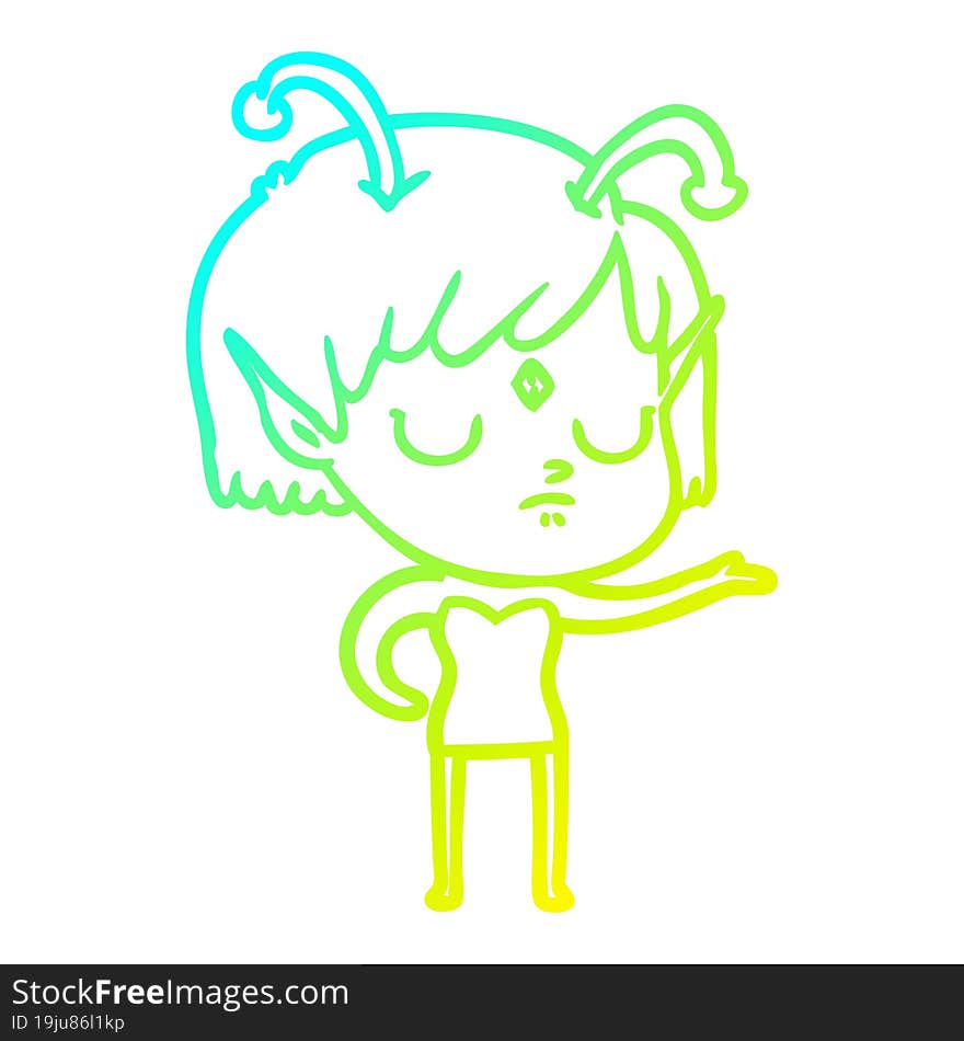 cold gradient line drawing of a cartoon alien girl