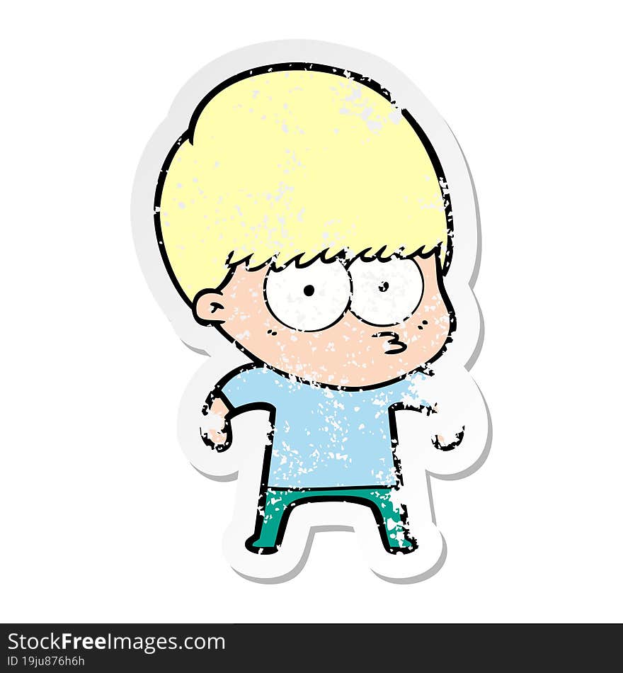 distressed sticker of a nervous cartoon boy