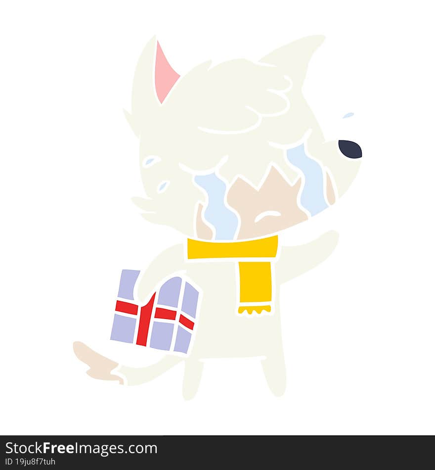 crying christmas fox flat color style cartoon