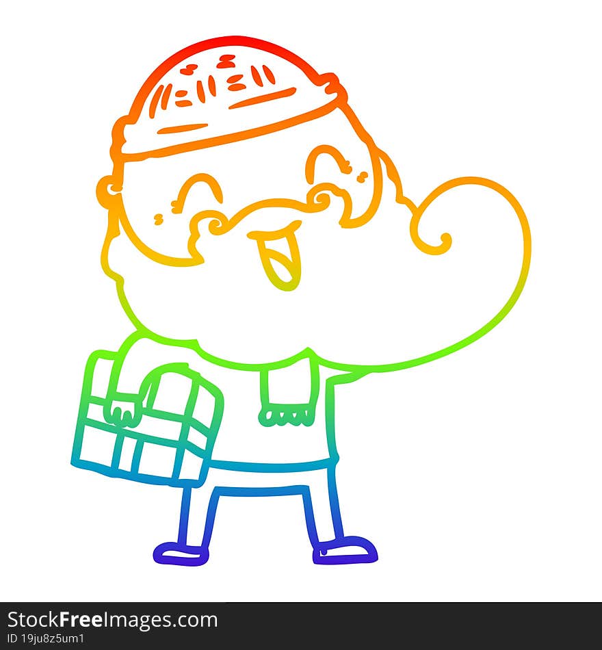 rainbow gradient line drawing of a happy bearded man holding christmas present