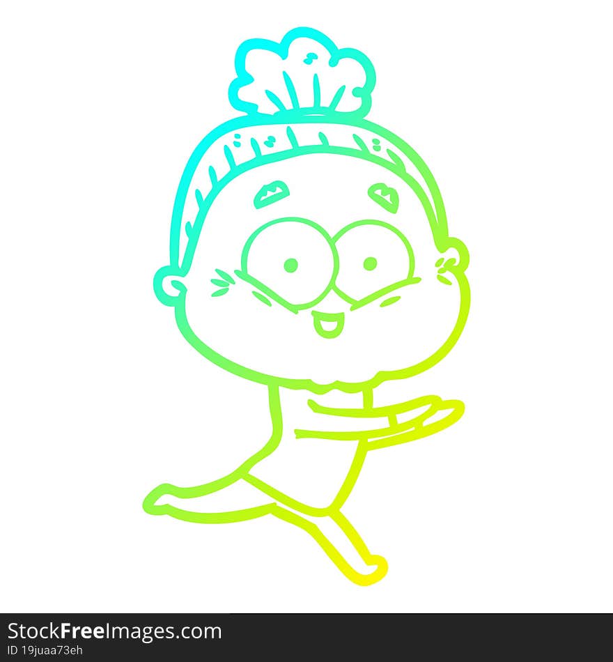 cold gradient line drawing of a cartoon happy old woman