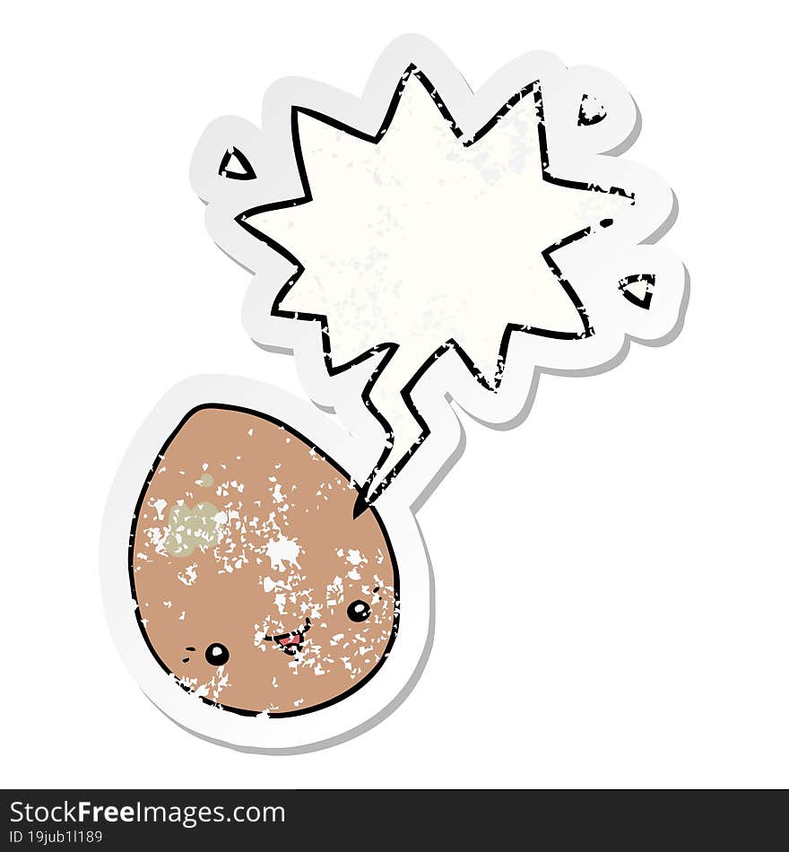 cartoon egg with speech bubble distressed distressed old sticker. cartoon egg with speech bubble distressed distressed old sticker