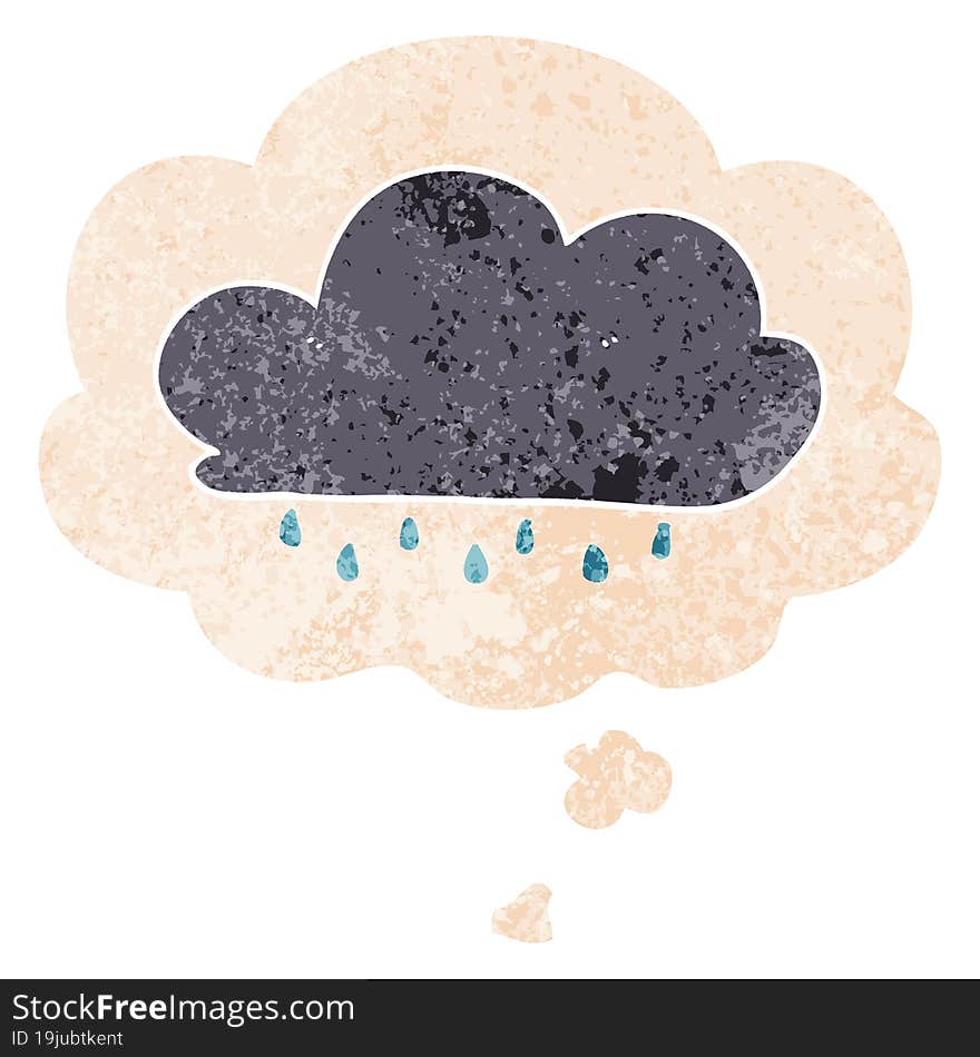 cartoon rain cloud and thought bubble in retro textured style