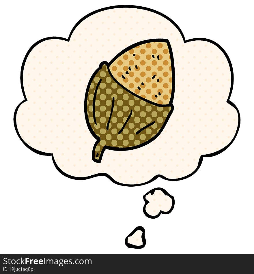 cartoon acorn and thought bubble in comic book style