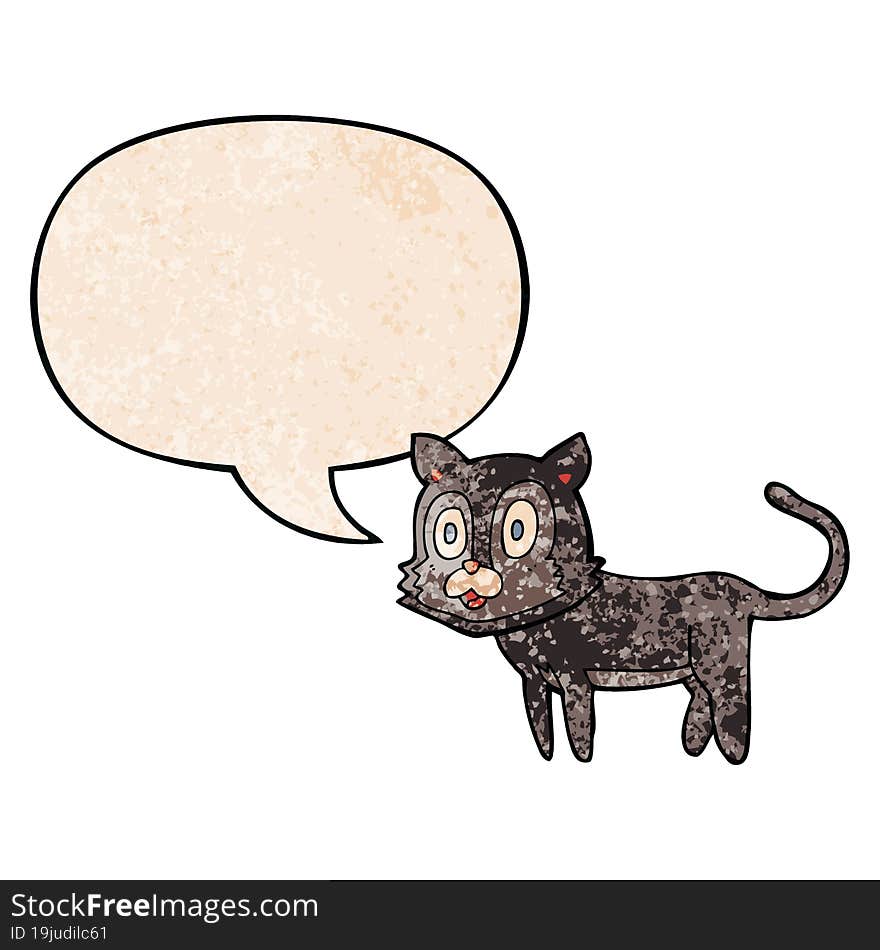 happy cartoon cat and speech bubble in retro texture style