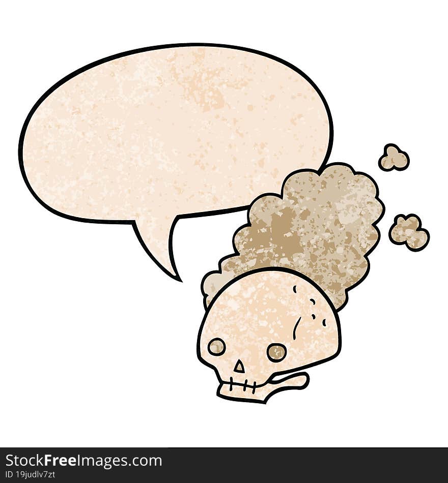 cartoon dusty old skull and speech bubble in retro texture style