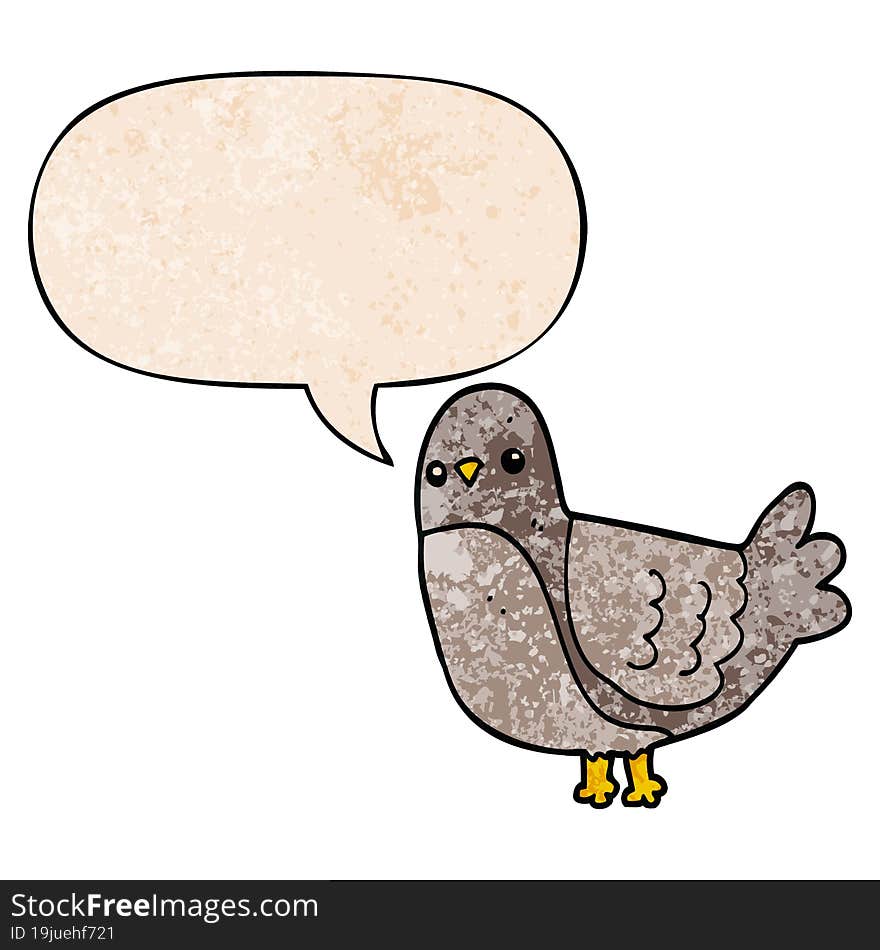 cartoon bird with speech bubble in retro texture style