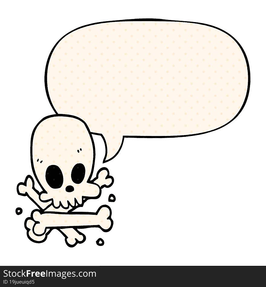 cartoon skull and bones and speech bubble in comic book style