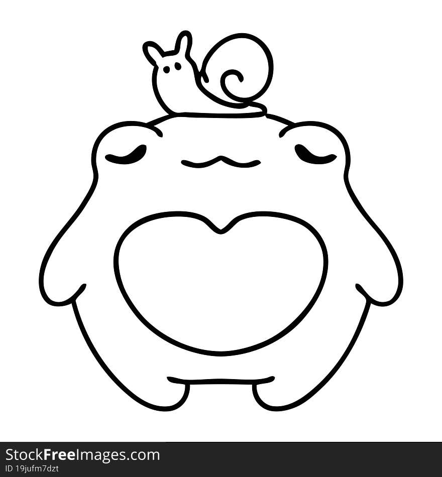 line doodle of a happy frog with a snail on its head. line doodle of a happy frog with a snail on its head