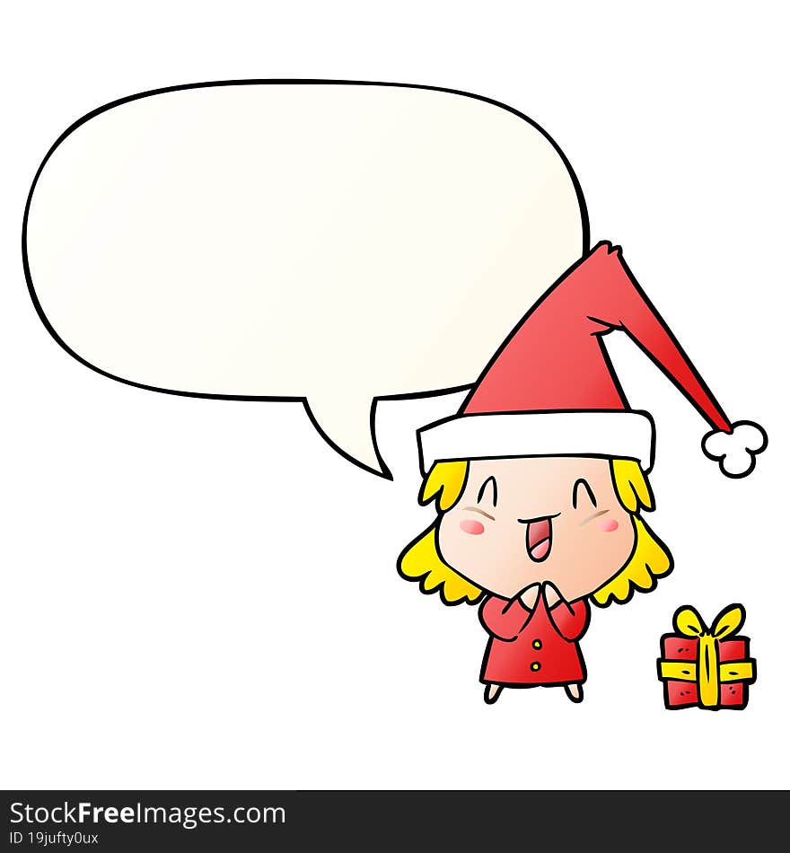 cartoon girl wearing christmas hat with speech bubble in smooth gradient style