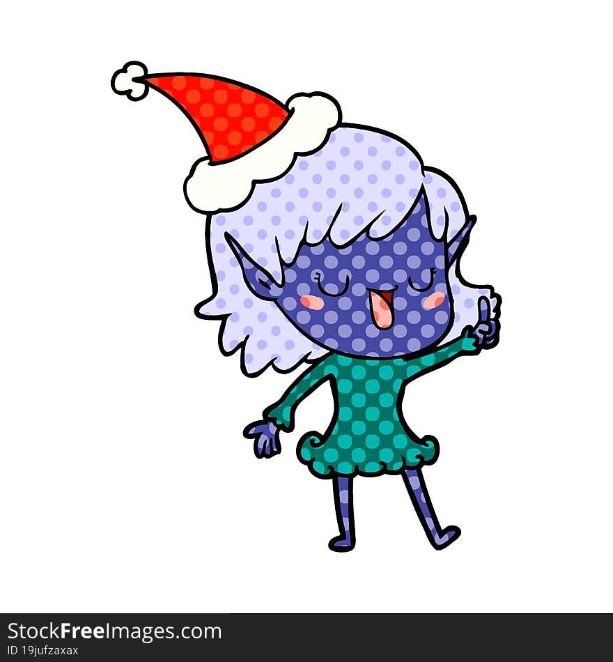 comic book style illustration of a elf girl wearing santa hat