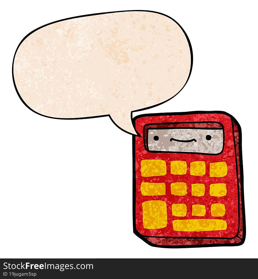 cartoon calculator with speech bubble in retro texture style