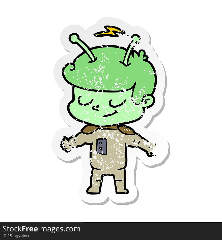 Distressed Sticker Of A Friendly Cartoon Spaceman