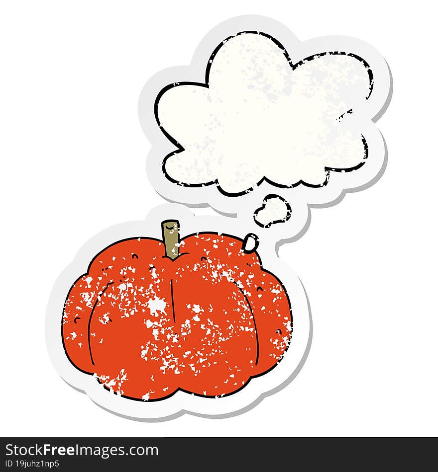 cartoon pumpkin with thought bubble as a distressed worn sticker