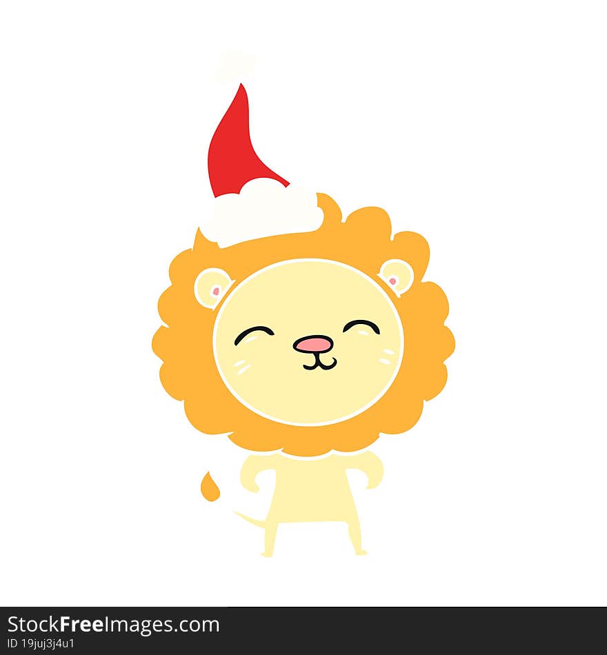 Flat Color Illustration Of A Lion Wearing Santa Hat