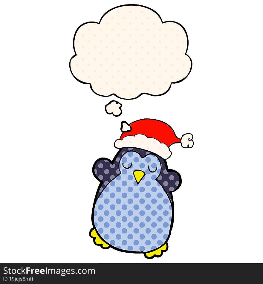 cute christmas penguin and thought bubble in comic book style