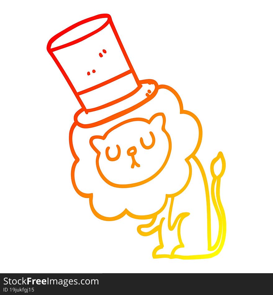 warm gradient line drawing of a cute cartoon lion wearing top hat