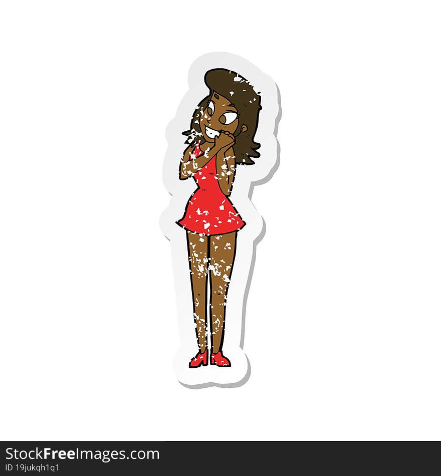 retro distressed sticker of a cartoon excited woman