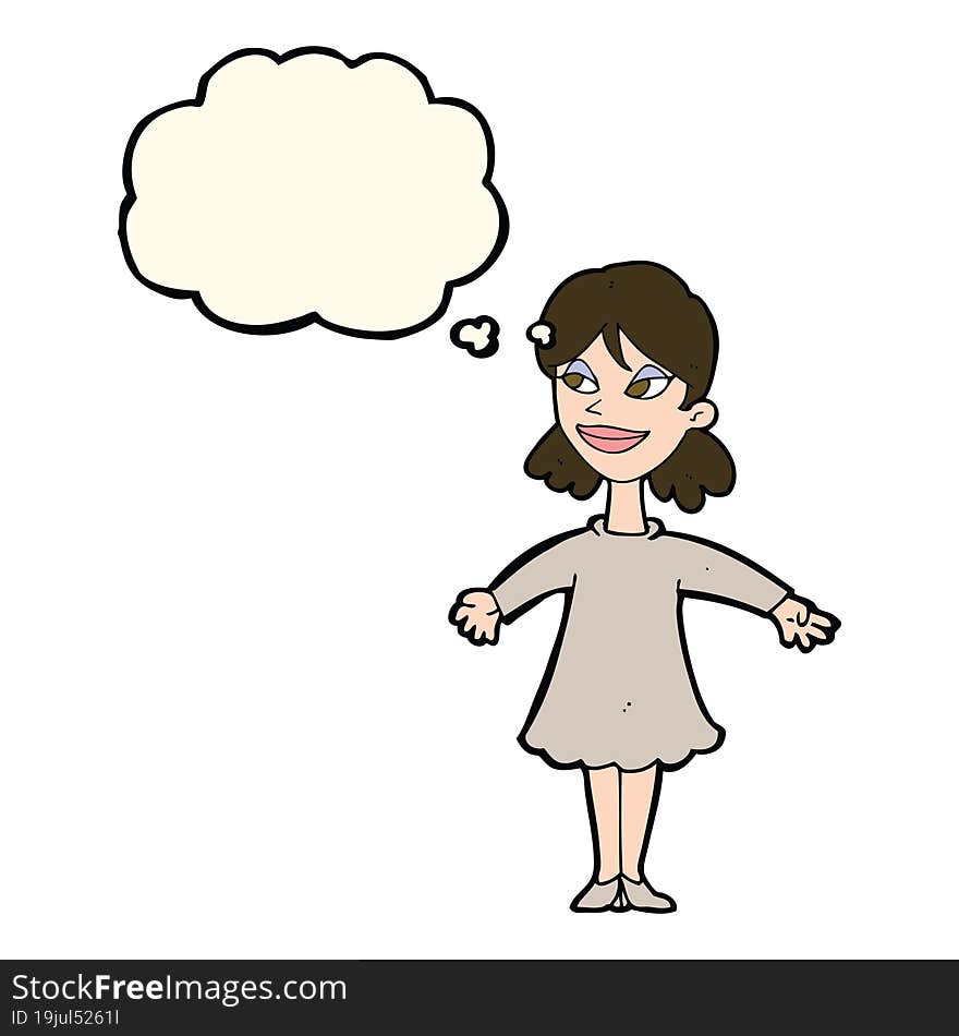 Cartoon Woman With Open Arms With Thought Bubble